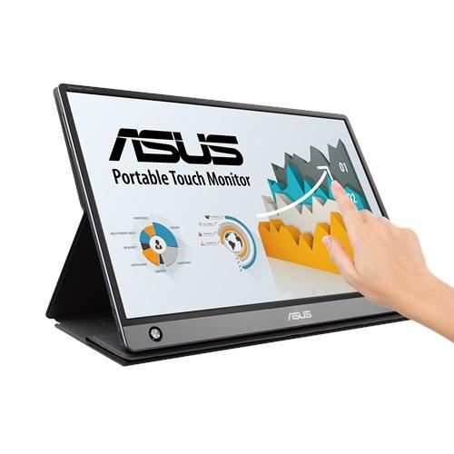 ASUS ZenScreen Touch MB16AMT portable monitor with 15.6-inch Full HD IPS display and touch functionality, showcasing its slim design and smart case.